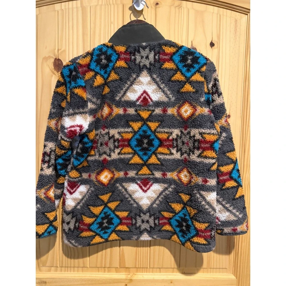 Hooey Boys Aztec Southwestern Sherpa Fleece Quarter Zip Pullover Grey Large